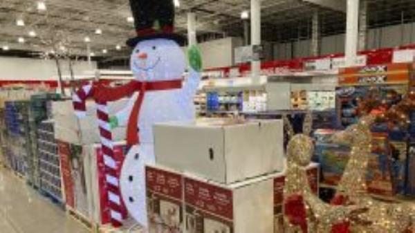 Christmas decorations sit on display for sale in a Costco warehouse on Monday, Aug. 29, 2022, in Sheridan, Colorado. 