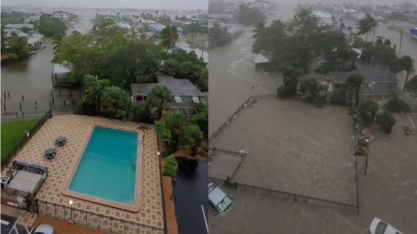 A huge storm surge has caused mass flooding across southwestern Florida, including at this  seaside location on Estero Island. Pic:loniarchitects via Instagram
