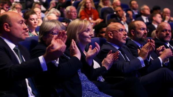 British Prime Minister Liz Truss, Chancellor of the Duchy of Lancaster Nadhim Zahawi and Secretary of State for Health and Social Care Therese Coffey attend Britain's Conservative Party's annual conference in Birmingham, Britain, October 3, 2022. REUTERS/Hannah McKay