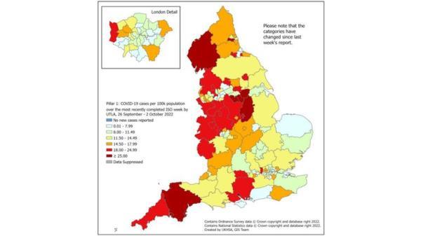 Weekly rate of COVID-19 episodes per 100,000 population (Pillar 1), by
upper-tier local authority (UTLA), England (box shows enlarged map of London
area)