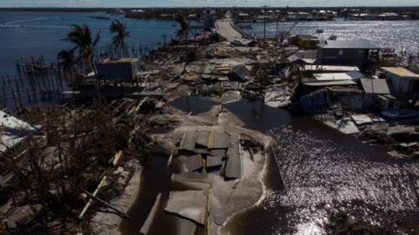 A view of the destroyed road between Florida's Matlacha and Pine Island after Hurricane Ian. 