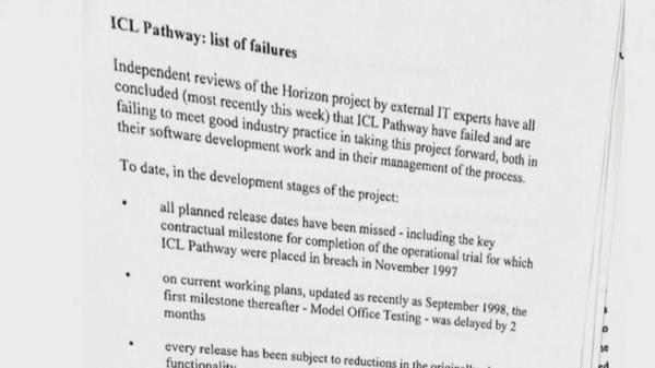��List of Failures�� sent to Tony Blair��s office when he was Prime Minister, warning him about technical issues with the Post Office Horizon ICL computer system. Photographs taken of files held at the National Archives and shown to the YouTube feed of the inquiry