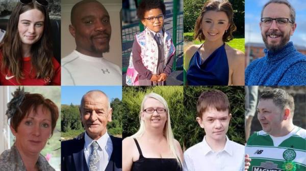 The 10 victims from top row, left to right: Leona Harper, 14, Robert Garwe, 50, Shauna Flanagan Garwe, five, Jessica Gallagher, 24, and James O'Flaherty, 48, and (bottom row, left to right) Martina Martin, 49, Hugh Kelly, 59, Catherine O'Donnell, 39, her 13-year-old son James Monaghan, and Martin McGill, 49