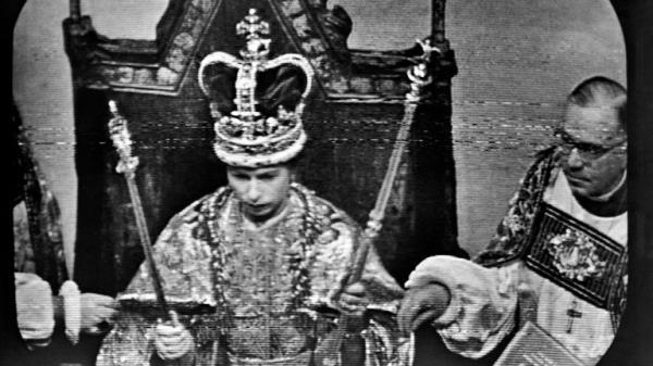 **Screen Grab** Queen Elizabeth II wears St Edward's Crown, at the Coronation ceremony at Westminster Abbey. This was the view as seen by television viewers immediately after the Archbishop of Canterbury, Dr Geoffrey Fisher, had placed the Crown upon the Queen's head.