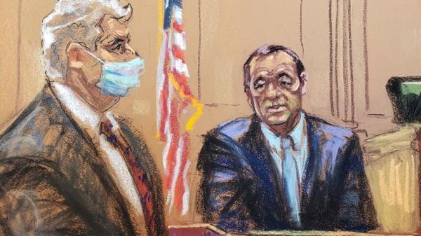 Kevin Spacey is cross examined by Richard Steigman during Anthony Rapp's civil sex abuse case against Spacey in this courtroom sketch from the trial in New York, U.S., October 18, 2022 as U.S. District Judge Lewis Kaplan presides. REUTERS/Jane Rosenberg