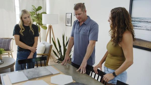 Jasmine narrows down tile design options for her clients on "Help! I Wrecked My House"