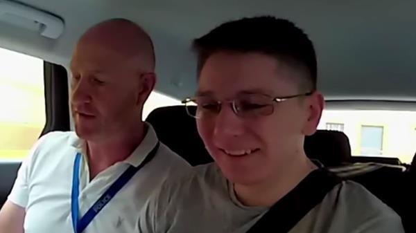 Pawel Relowicz (R) appeared to laugh after being told of his arrest for Libby's rape and murder. Pic: Libby, Are You Home Yet? Sky and Candour ProductionsMust credit: Libby, Are You Home Yet? Sky and Candour Productions