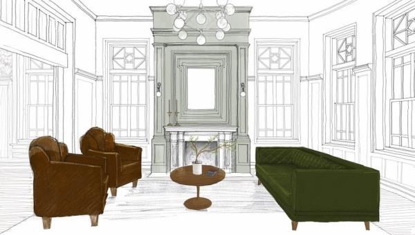 Rendering of the drawing room with simple furnishings