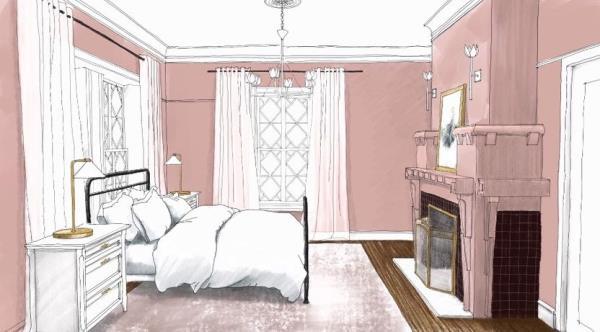 Rendering of the girl's room with a metal headboard
