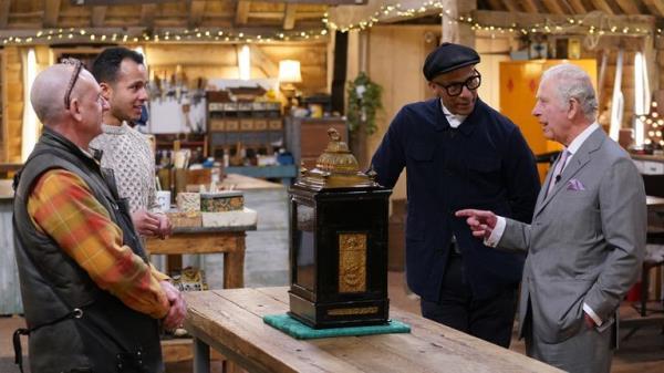 EMBARGOED TO 0001 WEDNESDAY OCTOBER 26 EDITORIAL USE onLY King Charles III, then Prince of Wales with (left-right) Steve Fletcher, Will Kirk and Jay Blades during a special episode of The Repair Shop as part of the BBC's centenary celebrations. Issue date: Wednesday October 26, 2022.