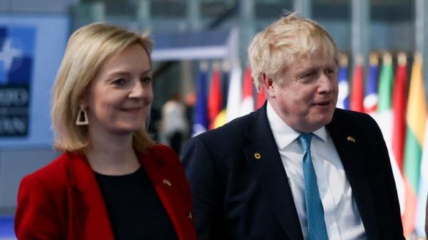 British Prime Minister Boris Johnson, Foreign Secretary Liz Truss and military representative to NATO Ben Bathurst leave NATO Headquarters following a summit on Russia's invasion of Ukraine, in Brussels, Belgium March 24, 2022. REUTERS/Henry Nicholls/Pool