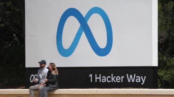 A sign in front of meta headquarters on April 28, 2022 in Menlo Park, California.