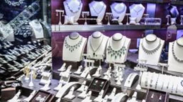 Diamond jewelry in the window of a store in the Diamond District neighborhood of New York, U.S. 