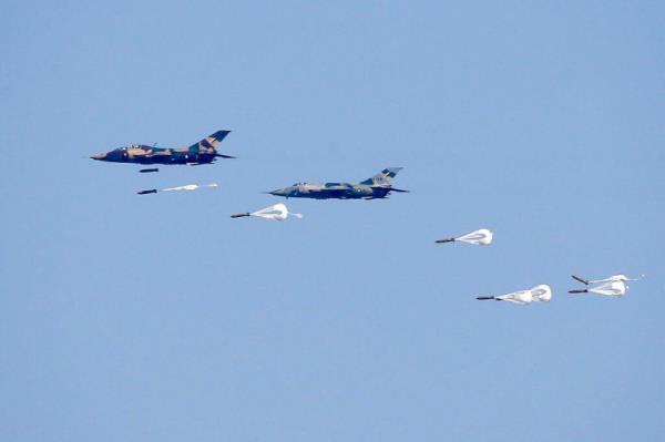 Myanmar Air Force Jet fighters drop bombs during military exercises in 2018, in the Ayeyarwaddy delta region, Myanmar 