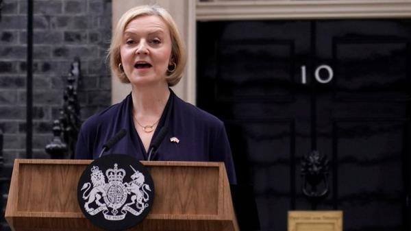 Britain's Prime Minister Liz Truss addresses the media in Downing Street in London, Thursday, Oct. 20, 2022. Truss says she resigns as leader of UK Conservative Party. (AP Photo/Alberto Pezzali)