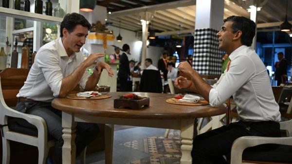 Canada's Prime Minister Justin Trudeau and Prime Minister Rishi Sunak meet at the Art Cafe Bumbu Bali in Nusa Dua as they attend the G20 in Bali, Indonesia