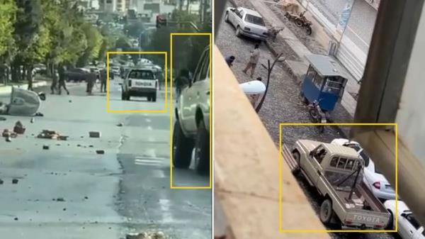 These screenshots from videos capturing protests in Baneh show trucks that are the same or similar to the ones seen in the CCTV