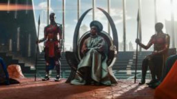 (L-R): Dorothy Steel as Merchant Tribe Elder, Florence Kasumba as Ayo, Angela Bassett as Ramonda, Danai Gurira as Okoye in Marvel Studios' Black Panther: Wakanda Forever. Photo courtesy of Marvel Studios. ? 2022 MARVEL.
