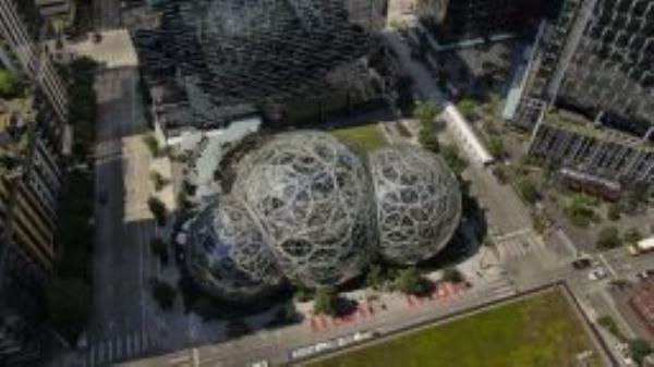 An aerial view of the Spheres at the Amazon.com Inc. headquarters on May 20, 2021 in Seattle, Washington. 