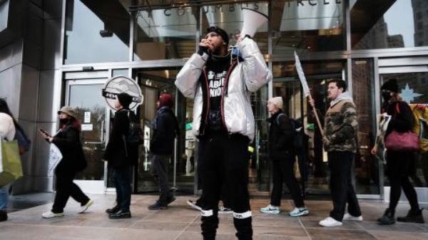 Labor activist Chris Smalls joins members of the Amazon labor union and others for a protest outside of the New York Times DealBook Summit as Amazon's CEO, Andy Jassy, will be appearing on November 30, 2022 in New York City. 