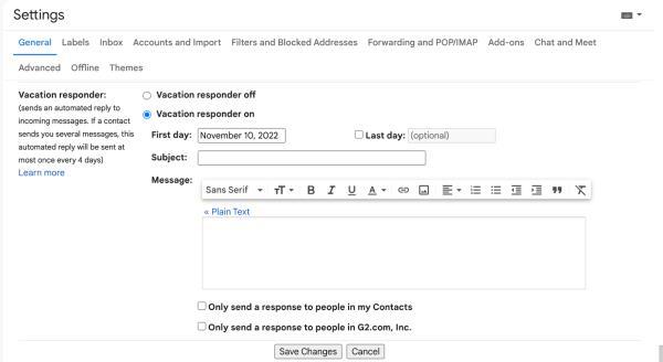 screenshot showing how to set OOO in Gmail