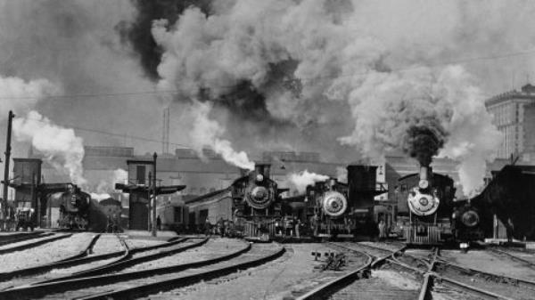 A group of steam locomotives pour steam and smoke into the air in St. Paul, Minnesota in this file photo from 1925. The Railway Labor Act, passed in 1926, is the reason Congress could intervene this week to block a strike by freight railroad unions.