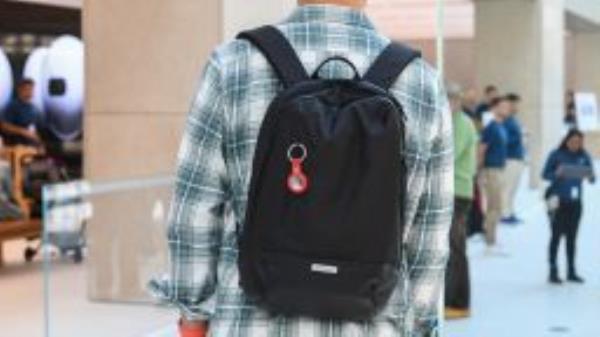 A key ring containing an AirTag attached to a rucksack inside the Apple Store George Street on April 30, 2021 in Sydney, Australia. 