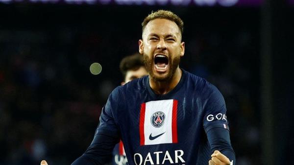 Paris St Germain's Neymar celebrates scoring their first goal 