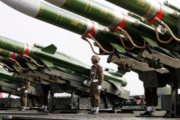 Myanmar Air Force Jet fighters drop bombs during military exercises in 2018, in the Ayeyarwaddy delta region, Myanmar 