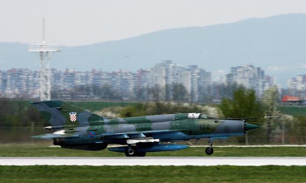 Croatian Army MIG-21 jet fighter taking off from Zagreb's airport