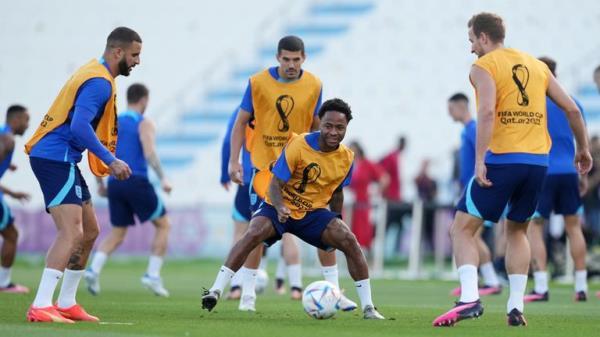 England's Raheem Sterling during a training session at the Al Wakrah Sports Complex in Al Wakrah, Qatar. Picture date: Friday December 9, 2022.