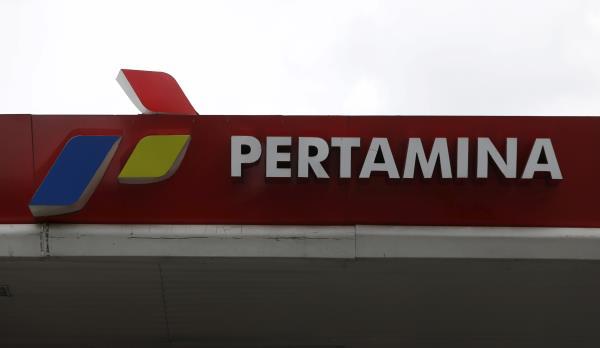 A sign of the state-owned Pertamina seen at a petrol station in Jakarta