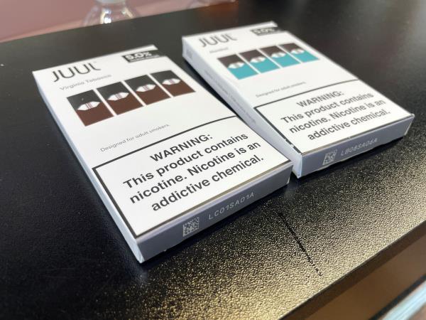 Juul e-cigarettes are seen on the counter of a vape store in Santa Monica