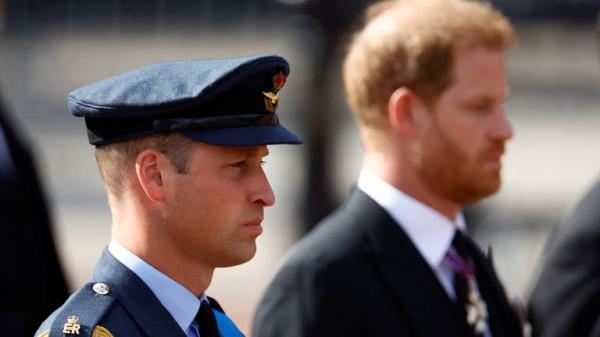 Britain's William, Prince of Wales and Prince Harry march during a procession where the coffin of Britain's Queen Elizabeth is transported from Buckingham Palace to the Houses of Parliament for her lying in state, in London, Britain, September 14, 2022. REUTERS/Sarah Meyssonnier

