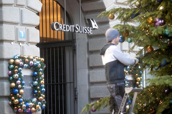 Christmas tree is decorated in front of headquarters of Swiss bank Credit Suisse in Zurich