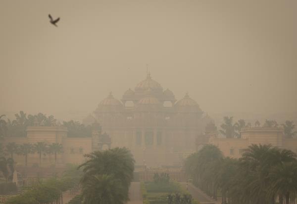 A bird flies next to the smog-covered Akshardham temple in New Delhi