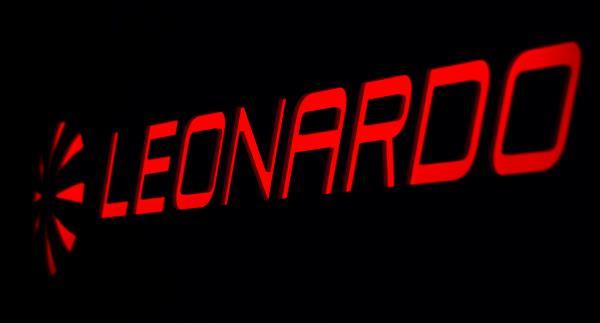 Leonardo logo is seen during celebrations for the 500th Eurofighter Typhoon produced by the European consortium at Caselle airport in Turin