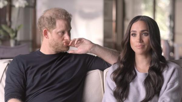 Meghan talking about her miscarriage 
Screen Grabs taken from Harry and Meghan  Netflix documentary Harry & Meghan
PIC:NETFLIX