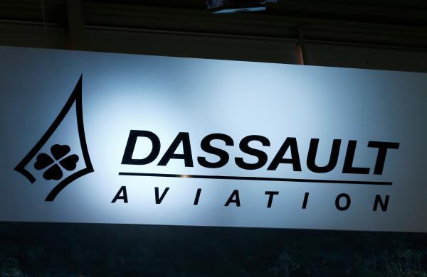 A logo of Dassault Aviation is pictured on their booth during EBACE in Geneva