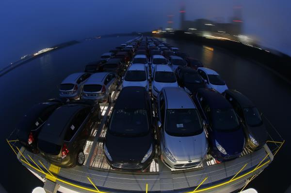 Newly manufactured Ford Fiesta cars are seen on the deck of the car transport ship 