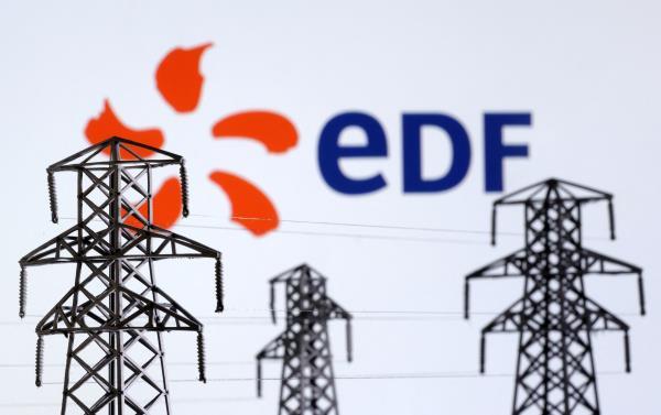 Illustration shows Electric power transmission pylon miniatures and EDF (Electricite de France) logo