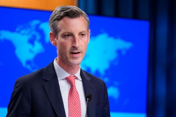 State Department spokesperson Ned Price speaks during a briefing at the State Department in Washington