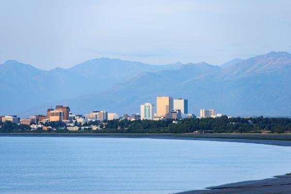 Downtown Anchorage sits on a coastal plane between Cook Inlet and the Chugach Mountains, in Alaska